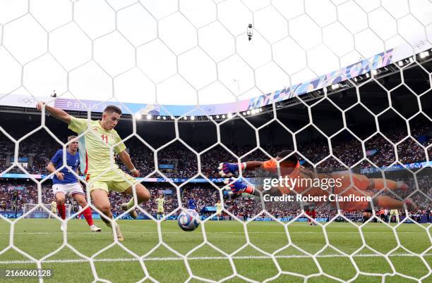 Fermin Lopez of Team Spain scores his team's second goal during the Men's Gold Medal match between France and Spain during the Olympic Games Paris...