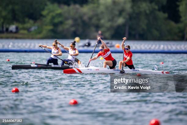 Sloan Mackenzie and Katie Vincent of Team Canada compete during the Women's Canoe Double 500m Final on day fourteen of the Olympic Games Paris 2024...