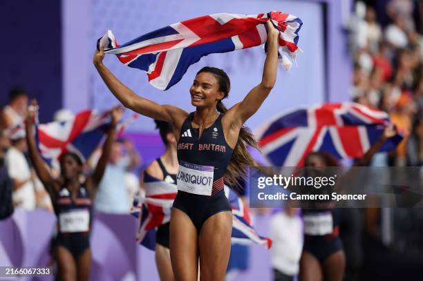 Imani Lansiquot of Team Great Britain celebrates winning the silver medal after competing in the Women's 4x100m Relay Final on day fourteen of the...