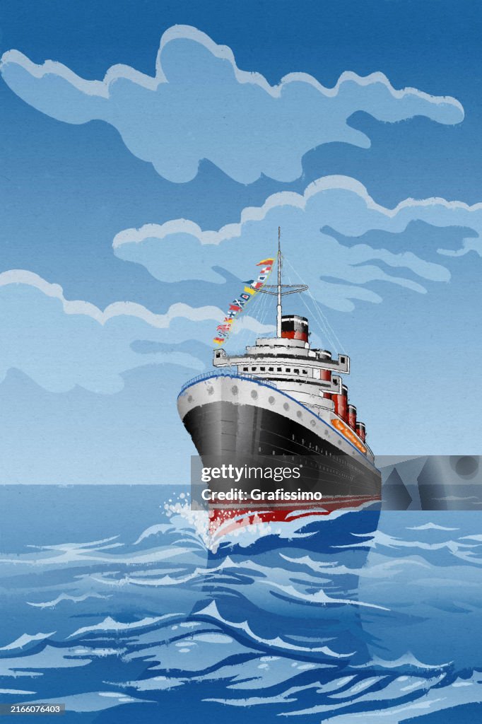 Antique Ocean Liner crossing the Atlantic Ocean illustration