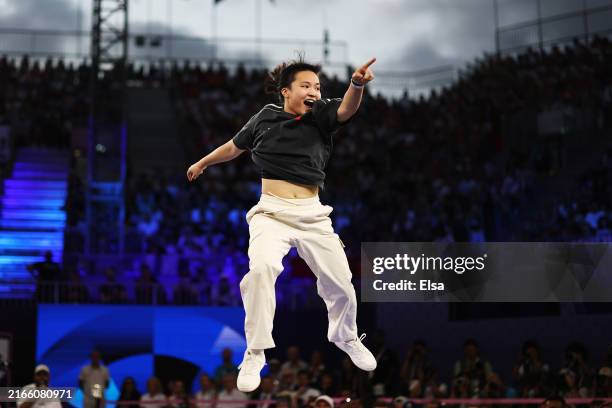 Girl 671 of Team People’s Republic of China reacts against B-Girl Nicka of Team Lithuania during the Breaking B-Girls Semifinal 2 battle on day...