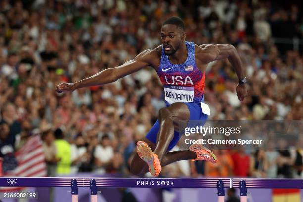 Rai Benjamin of Team United States competes during the Men's 400m Hurdles Final on day fourteen of the Olympic Games Paris 2024 at Stade de France on...