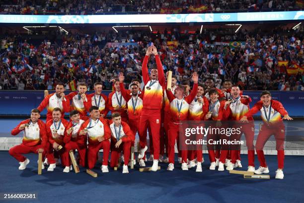Gold medalists of Team Spain pose for a photo after the Men’s Football Medal Ceremony during the Olympic Games Paris 2024 at Parc des Princes on...
