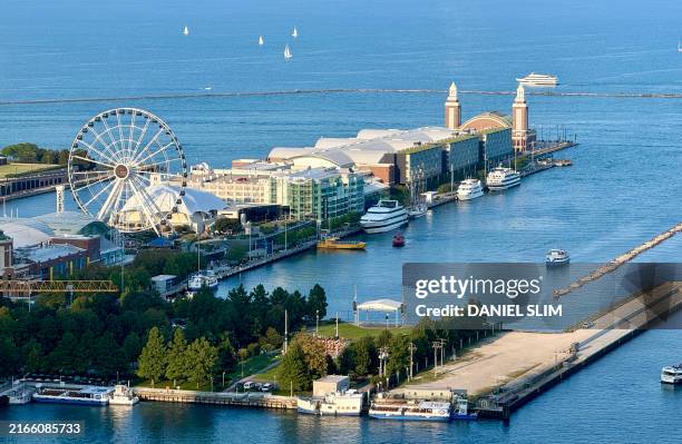 View of the Navy pier on Lake Michigan in Chicago, Illinois on August 13, 2024.