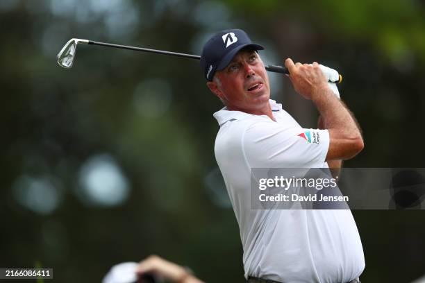 Matt Kuchar of the United States plays his shot from the 16th tee during the first round of the Wyndham Championship at Sedgefield Country Club on...