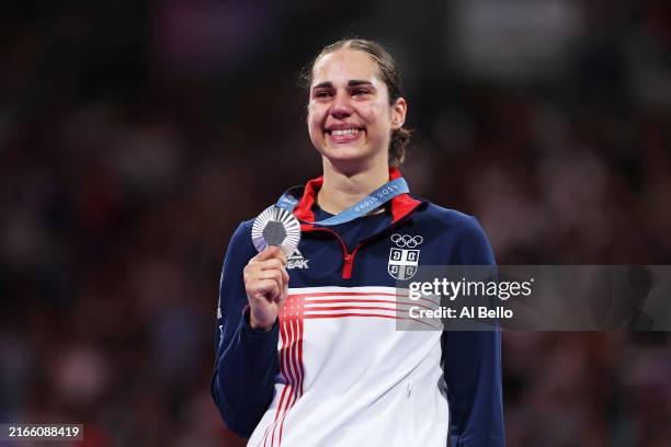 Silver medallist Aleksandra Perisic of Team Serbia poses on the podium during the Taekwondo Women -67kg medal ceremony after the Taekwondo Women...