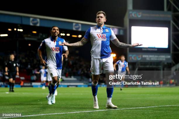 Sammie Szmodics of Blackburn Rovers celebrates scoring his team's third goal during the Sky Bet Championship match between Blackburn Rovers FC and...