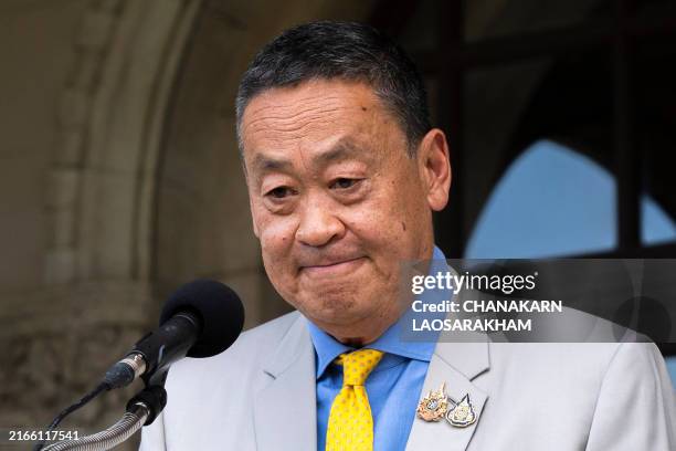 Thailand's former prime minister Srettha Thavisin reacts as he addresses the media after Thailand's Constitutional Court ruled to removed him as...