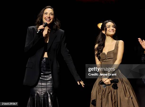 Gal Gadot and Rachel Zegler appear at the Disney Entertainment Showcase at D23: The Ultimate Disney Fan Event in Anaheim, California on August 09,...