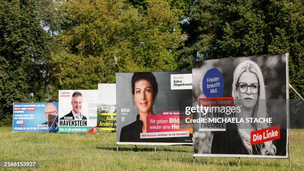 Billboards with election posters of far-right Alternative for Germany party, conservative Christian Democratic Union CDU, new German left-wing...