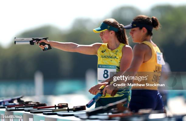 Genevieve Janse Van Rensburg of Team Australia competes during the Women’s Individual, Semi-Final A, Laser Run on day fifteen of the Olympic Games...
