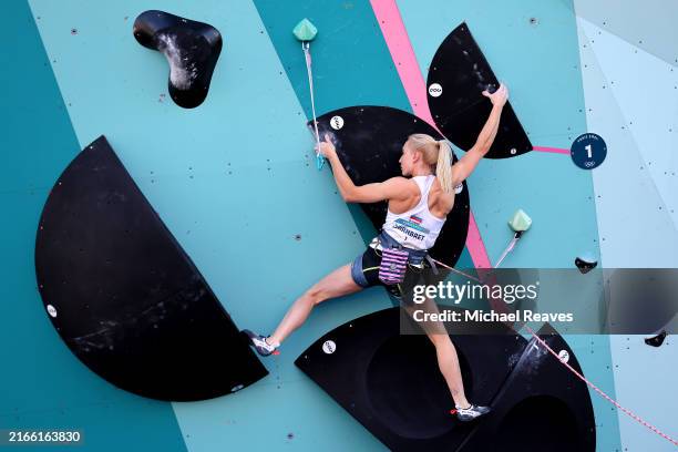 Janja Garnbret of Team Slovenia climbs during the Women's Boulder & Lead - Final Lead on day fifteen of the Olympic Games Paris 2024 at Le Bourget...