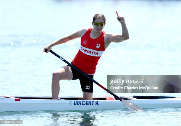 Katie Vincent of Team Canada reacts after winning the goal medal after the Women’s Canoe Single 200m Final A on day fifteen of the Olympic Games...