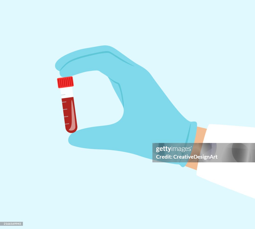 Hand In Medical Gloves Holding Test Tube With Blood Sample For Laboratory Analysis