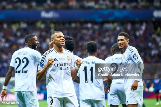 Kylian Mbappe from Real Madrid celebrates after scoring during the UEFA Super Cup 2024 match between Real Madrid and Atalanta BC at National Stadium...