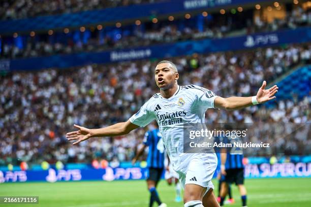 Kylian Mbappe from Real Madrid celebrates after scoring during the UEFA Super Cup 2024 match between Real Madrid and Atalanta BC at National Stadium...