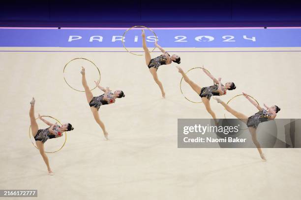 Team People's Republic of China competes during the Rhythmic Gymnastics Group All-Around Final on day fifteen of the Olympic Games Paris 2024 at...