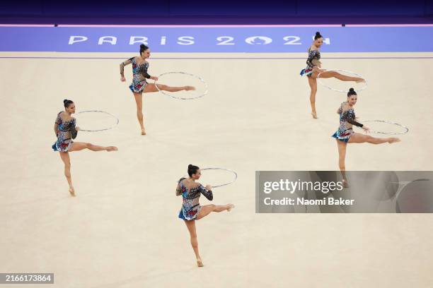 Team Italy competes during the Rhythmic Gymnastics Group All-Around Final on day fifteen of the Olympic Games Paris 2024 at Porte de La Chapelle...