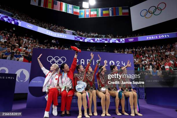 Team People's Republic of China celebrates after competing during the Rhythmic Gymnastics Group All-Around Final on day fifteen of the Olympic Games...