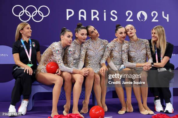Team Italy react after competing during the Rhythmic Gymnastics Group All-Around Final on day fifteen of the Olympic Games Paris 2024 at Porte de La...