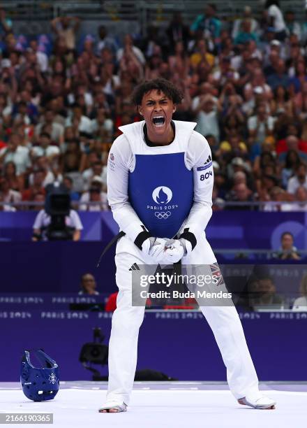Caden Cunningham of Team Great Britain reacts to winning a Men's +80kg Semifinal match against Cheick Sallah Cisse of Team Côte d'Ivoire on day...