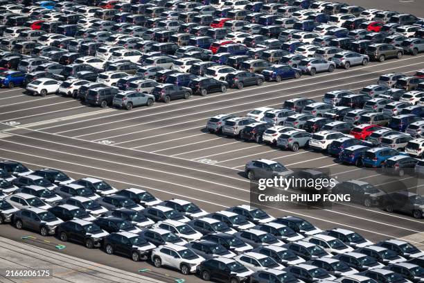 Cars of Subaru Corporation are seen parked at Kawasaki Port in Kawasaki of Kanagawa Prefecture, south of Tokyo on August 15, 2024.