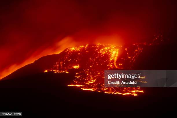 Mount Etna, the highest active volcano in continental Europe, erupt again, spewing ash and molten lava in Catania, Italy on August 15, 2024. This...