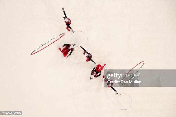 Team Ukraine competes during the Rhythmic Gymnastics Group All-Around Final on day fifteen of the Olympic Games Paris 2024 at Porte de La Chapelle...