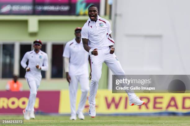 Jayden Seales of West Indies reacts during the day 1 of the 2nd Test match between West Indies and South Africa at Guyana National Stadium on August...