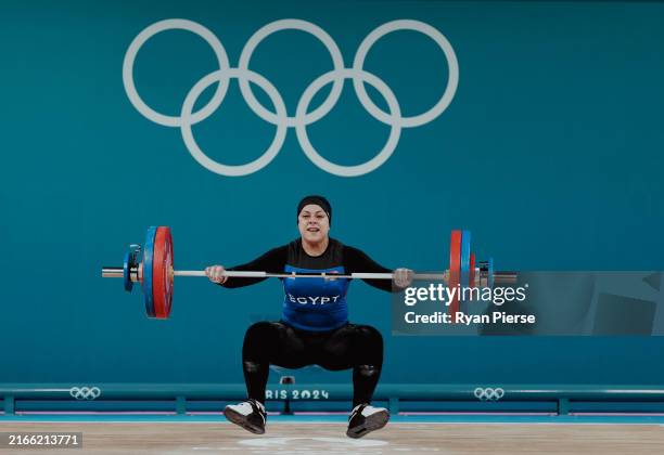 Sara Ahmed of Team Egypt fails a snatch in the Weightlifting Women's 81kg on day fifteen of the Olympic Games Paris 2024 at South Paris Arena on...