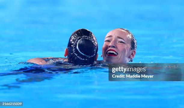 Shelly Bobritsky and Ariel Nassee of Team Israel react after competing in the Duet Free Routine on day fifteen of the Olympic Games Paris 2024 at...