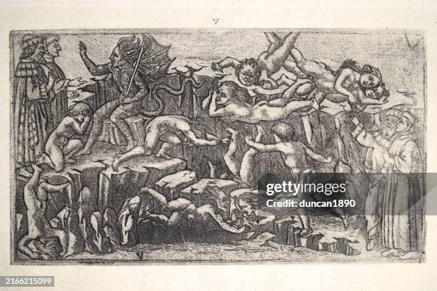 szene aus dantes inferno, dantes zweiter kreis der hölle, minos, richter der höllenregionen, vintage-illustration, frühitalienischer kupferstich, canto v - flammenmeer stock-grafiken, -clipart, -cartoons und -symbole