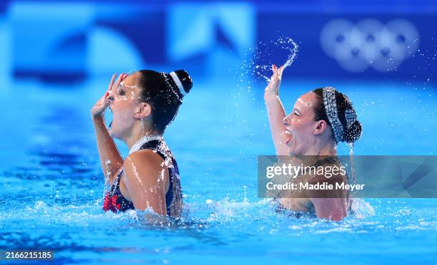 Shelly Bobritsky and Ariel Nassee of Team Israel compete in the Duet Free Routine on day fifteen of the Olympic Games Paris 2024 at Aquatics Centre...