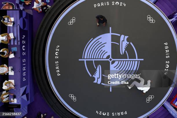 Boy Dany Dann of Team France competes with B-Boy Jeffro of Team United States in the Breaking B-Boys Quarterfinal One on day fifteen of the Olympic...