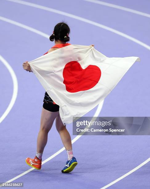 Haruka Kitaguchi of Team Japan celebrates winning the Gold medal in Women's Javelin Throw Finalthe on day fifteen of the Olympic Games Paris 2024 at...