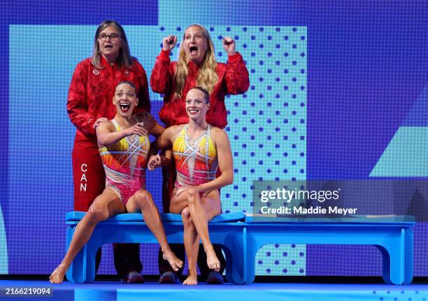 Audrey Lamothe and Jacqueline Simoneau of Team Canada react after competing in the Duet Free Routine on day fifteen of the Olympic Games Paris 2024...