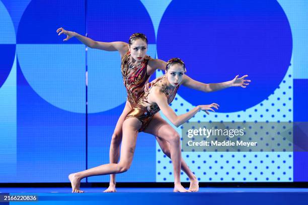 Wang Liuyi and Wang Qianyi of Team People's Republic of China compete in the Duet Free Routine on day fifteen of the Olympic Games Paris 2024 at...