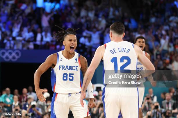 Matthew Strazel of Team France celebrates during the Men's Gold Medal game between Team France and Team United States on day fifteen of the Olympic...
