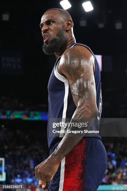 LeBron James of Team United States reacts during the Men's Gold Medal game between Team France and Team United States on day fifteen of the Olympic...