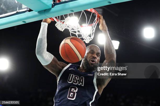 LeBron James of Team United States dunks the ball during the Men's Gold Medal game between Team France and Team United States on day fifteen of the...