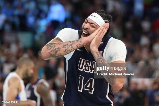 Anthony Davis of Team United States reacts during the Men's Gold Medal game between Team France and Team United States on day fifteen of the Olympic...