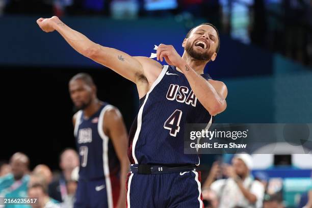 Stephen Curry of Team United States celebrates during the Men's Gold Medal game between Team France and Team United States on day fifteen of the...