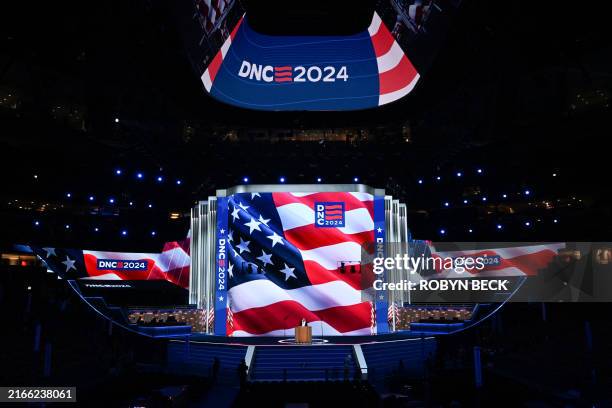 Signage is pictured as preparations are made ahead of the Democratic National Convention at the United Center in Chicago, Illinois on August 15,...