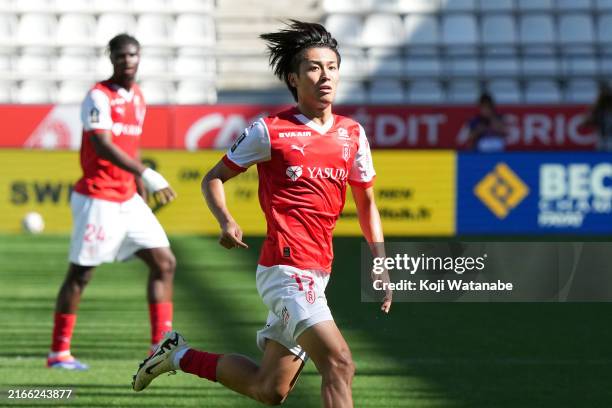 Keito Nakamura of Stade Reims looks on during the pre-season friendly match between Stade de Reims and AJ Auxerre at Stade Auguste-Delaune on August...