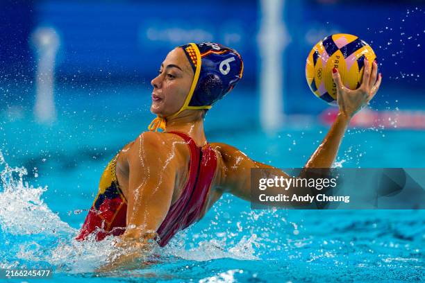 Paula Crespi Barriga of Team Spain looks to make a pass in the Women's Gold Medal match between Team Australia and Team Spain on day fifteen of the...