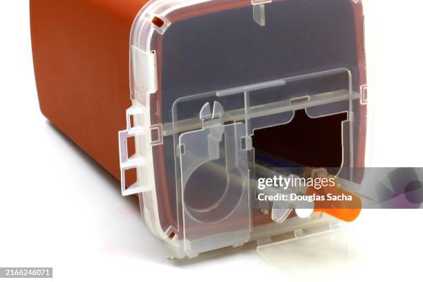 sharps container for needles, and syringes - biogefährliche substanz stock-fotos und bilder
