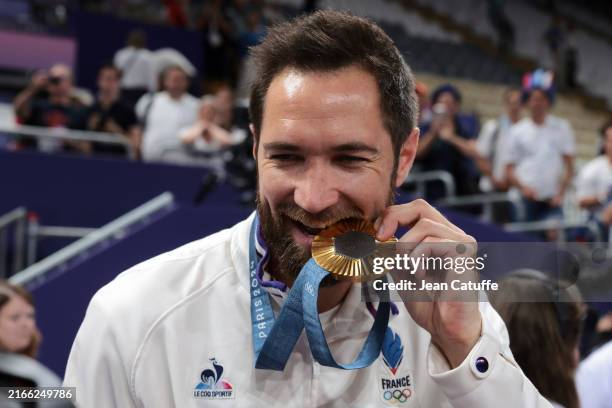 Kevin Tillie of Team France celebrates during the Volleyball medal ceremony after the Men's Gold Medal Match on Day fifteen of the Olympic Games...
