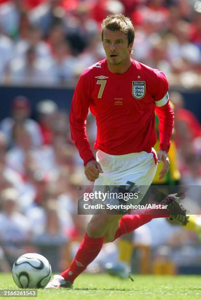 David Beckham of England on the ball during the International Friendly match between England and Jamaica at Old Trafford on June 3, 2006 in...