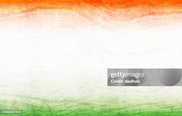 tricolor backdrops - empty blank pastel wood textured rustic creative background - horizontal vector of three colored wavy bands in saffron orange, white and green as in indian flag and of ireland, niger and côte d'ivoire (ivory coast) - independence day india stock illustrations