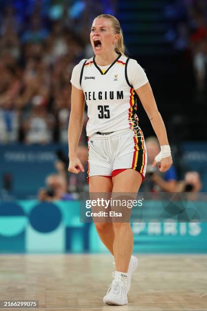 Julie Vanloo of Team Belgium celebrates during the Women's Bronze Medal game between Team Belgium and Team Australia on day sixteen of the Olympic...